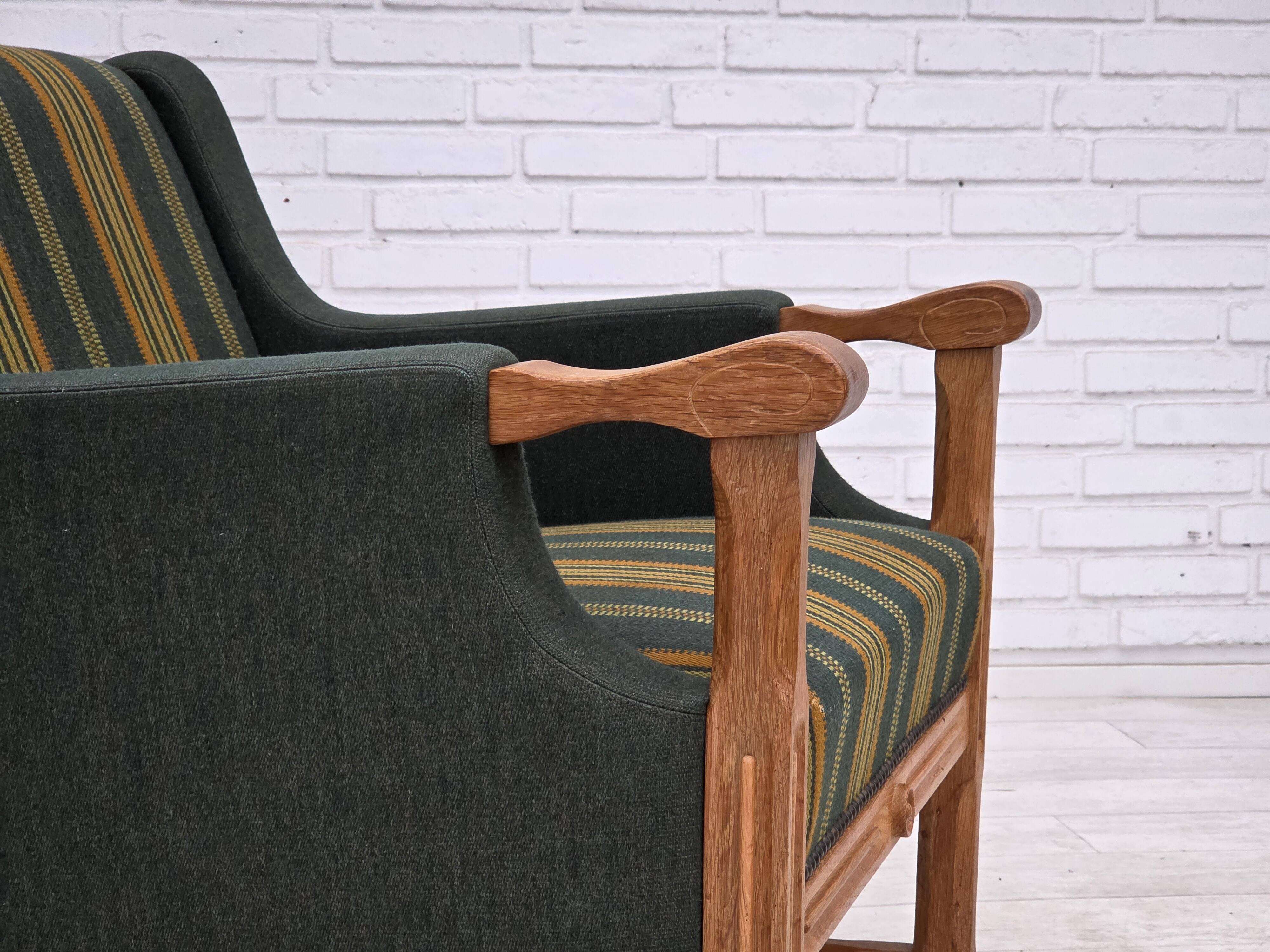 1970s, Danish armchair, green furniture wool, solid oak wood.