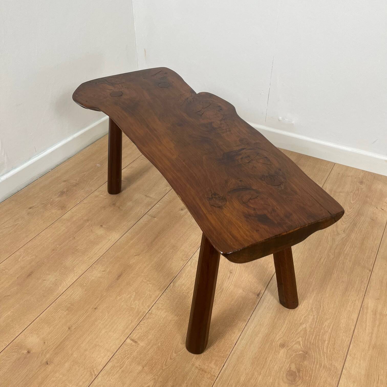 Rustic bench in solid elm, wabi-sabi style, mid-20th century.
