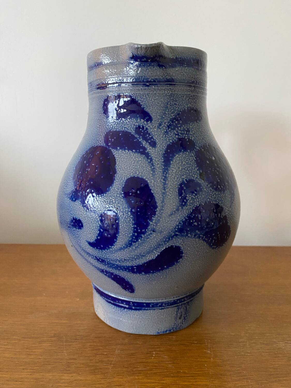 Antique Blue Stoneware Pitcher Deco Flowers 2 Liters Vintage