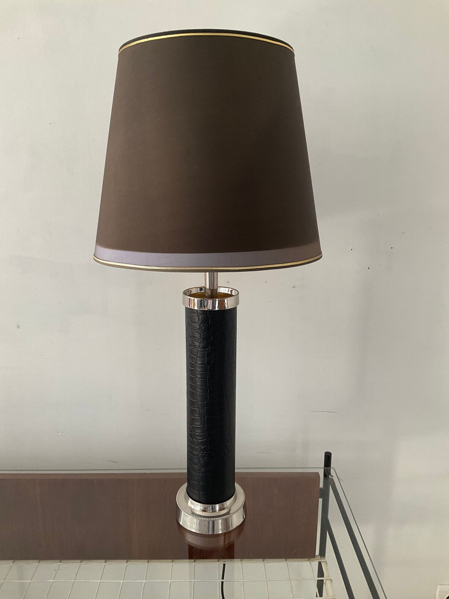 Vintage column lamp in leather and silver brass 60s-70s