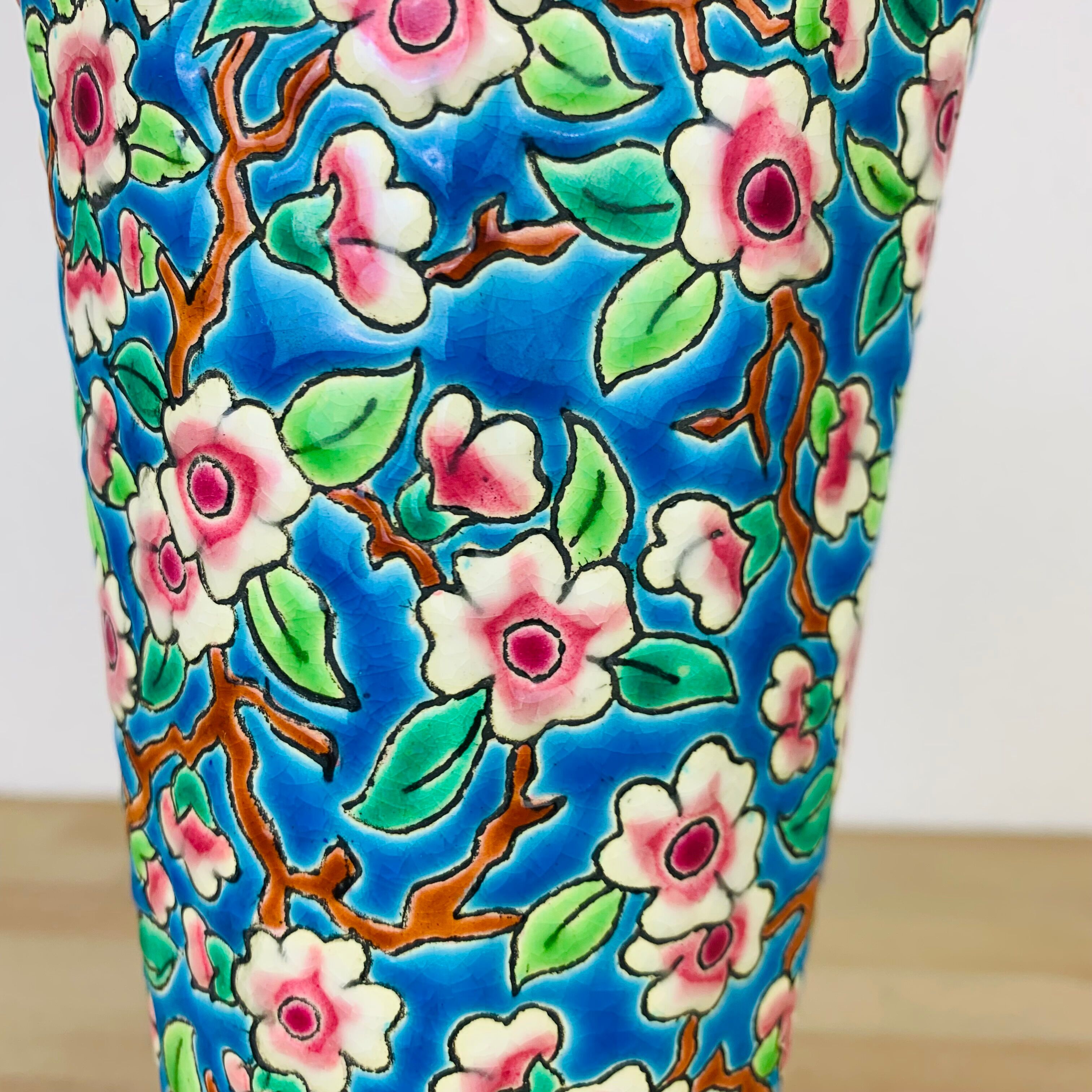 Faience enamel Longwy enamel cornet vase