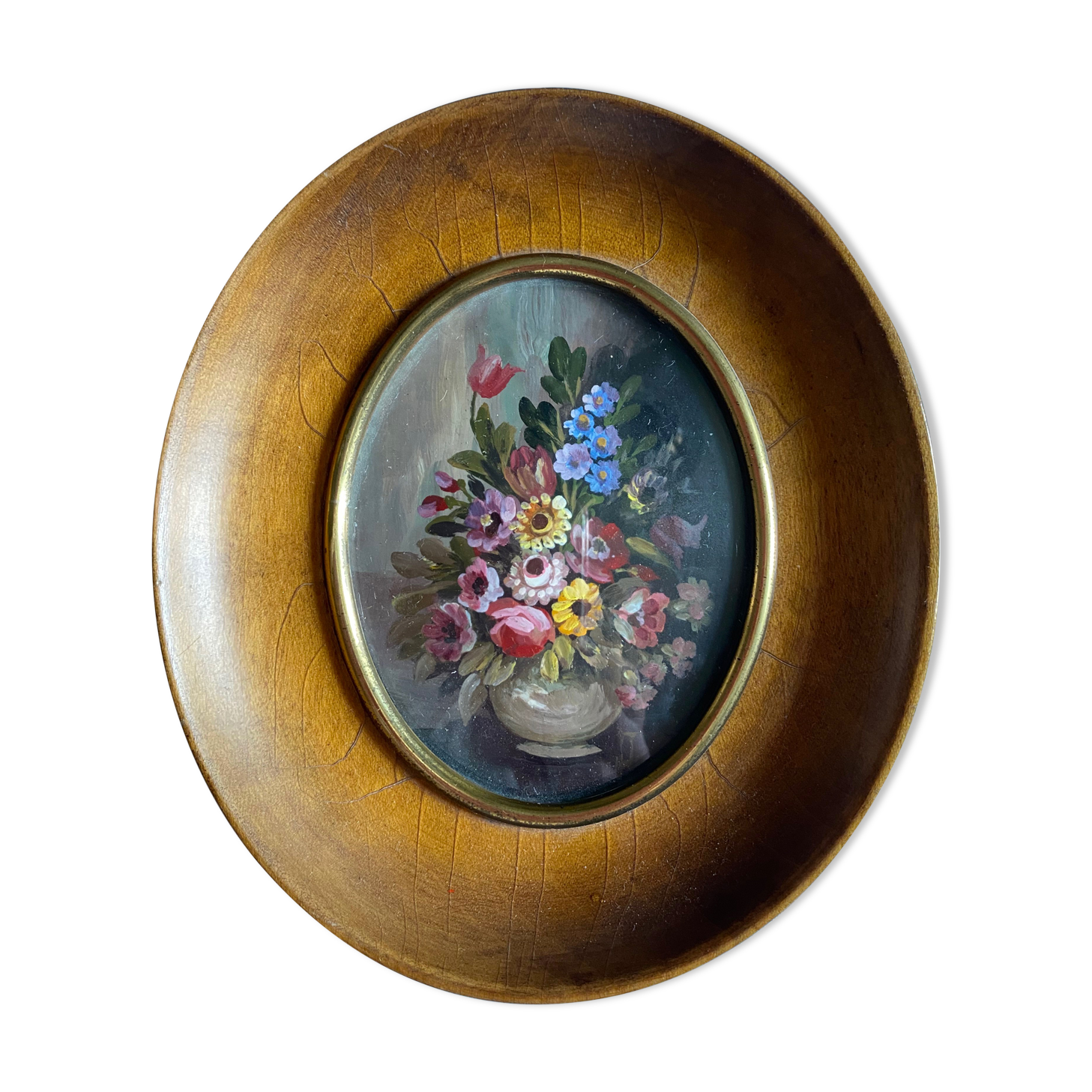 Old painting "bouquet of flowers" with oval frame and glass