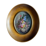 Old painting "bouquet of flowers" with oval frame and glass