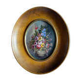 Old painting "bouquet of flowers" with oval frame and glass