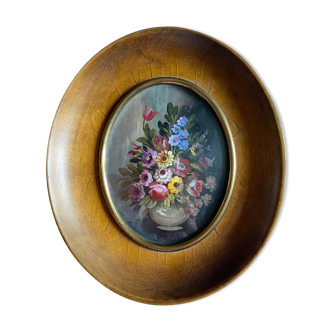 Old painting "bouquet of flowers" with oval frame and glass
