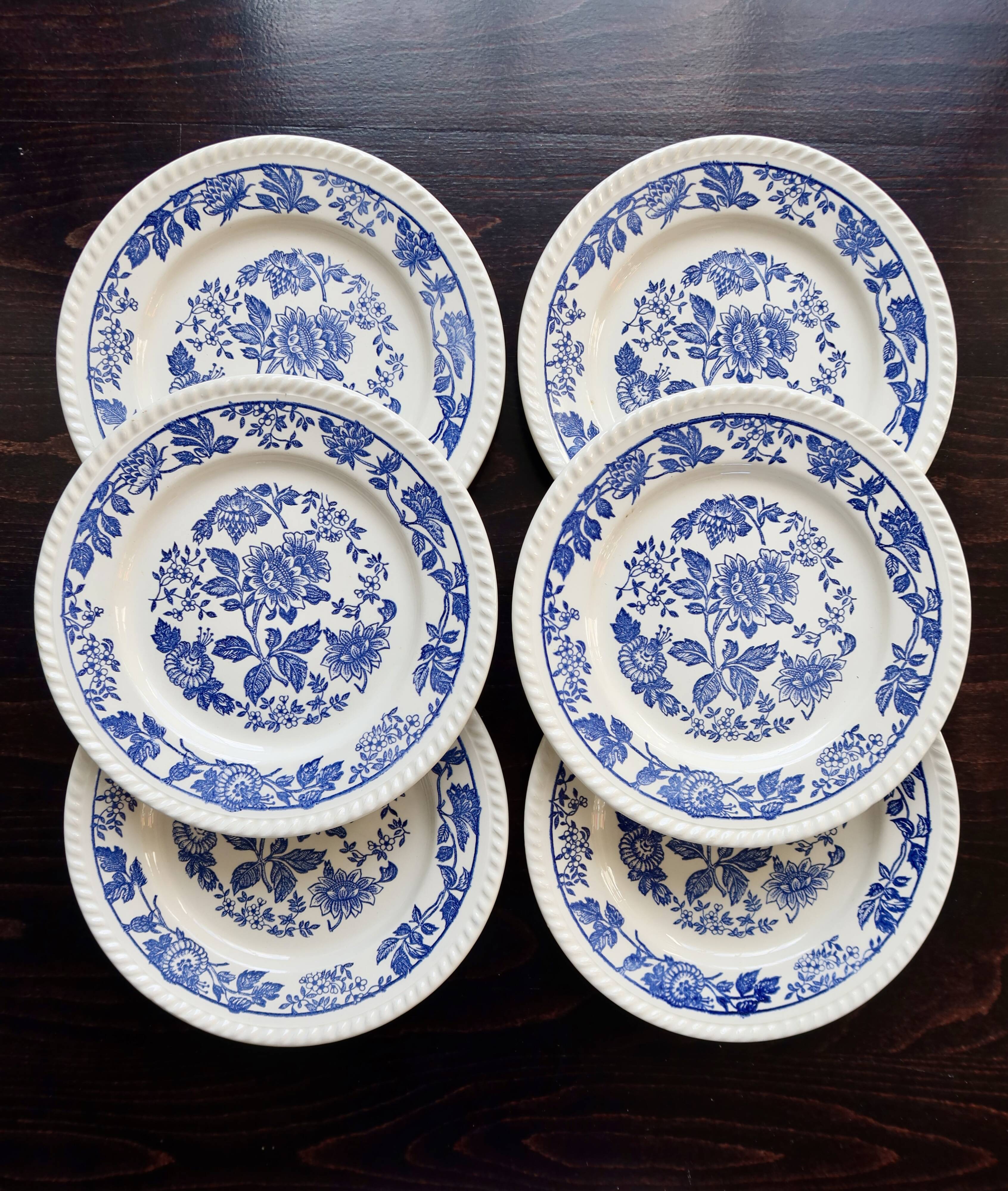 6 vintage white porcelain dinner plates with a blue floral pattern
