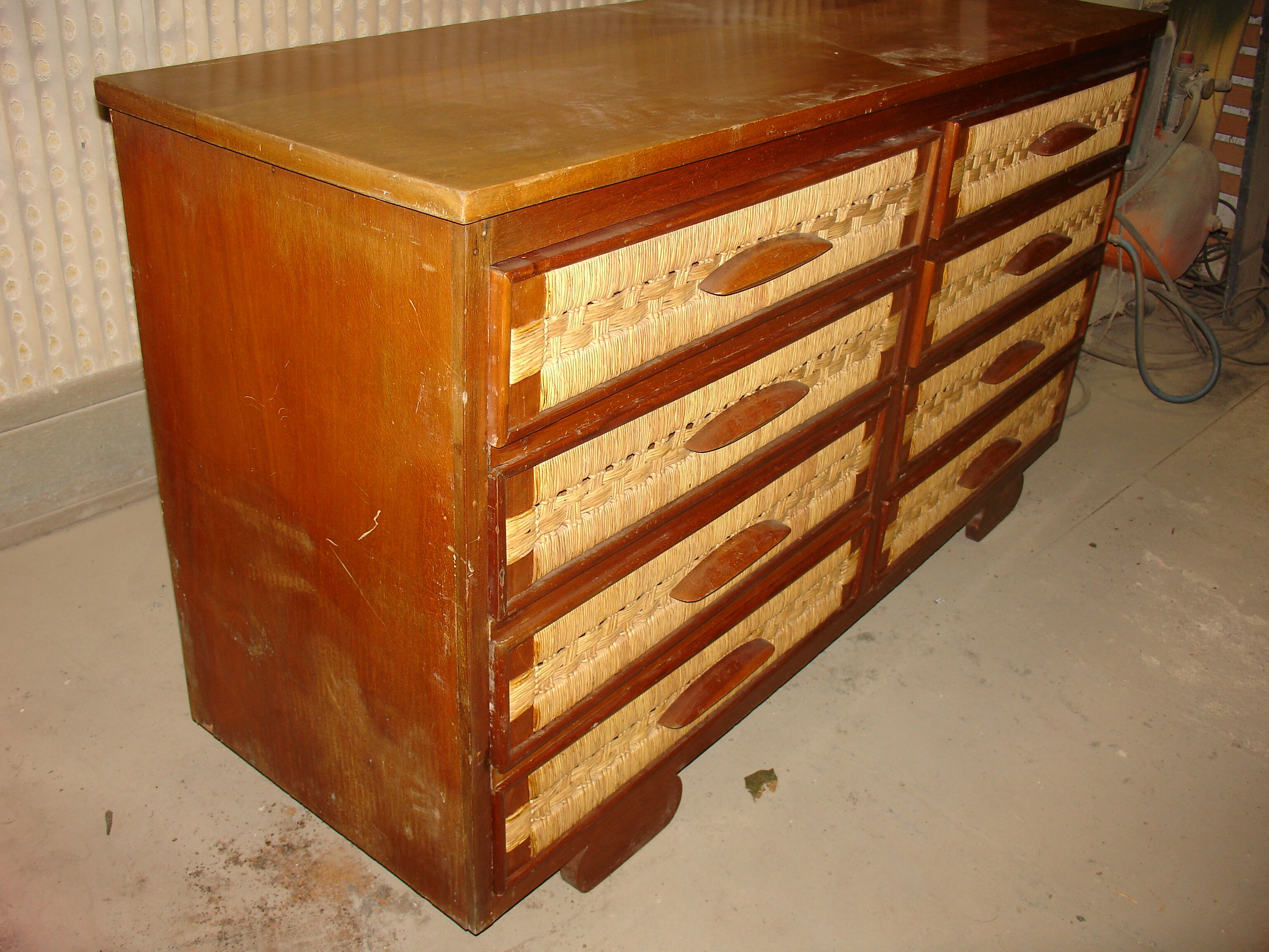 Mahogany and straw chest of drawers, circa 1950, Mexican made