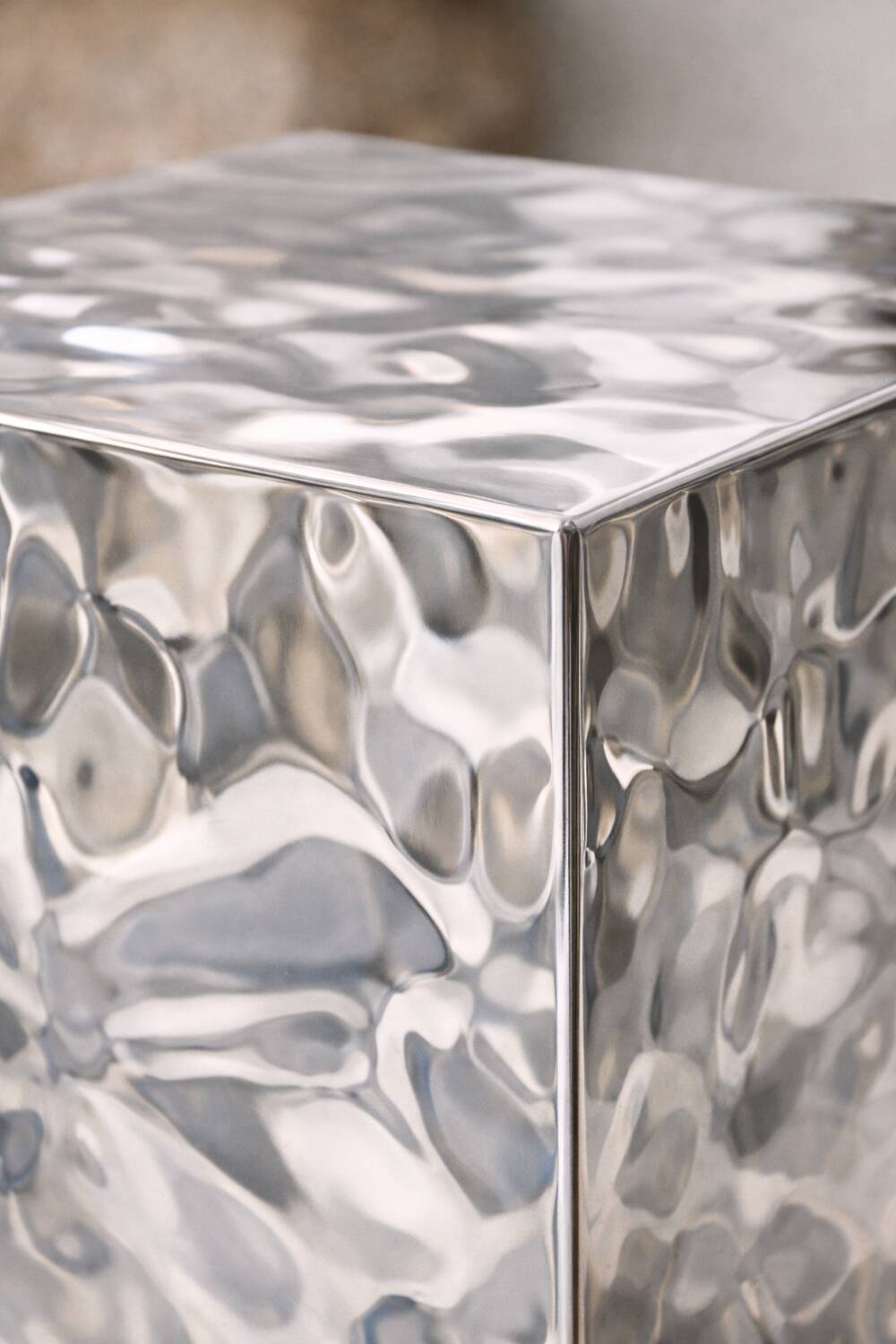 Sculptural Stainless Steel Cube Side Table