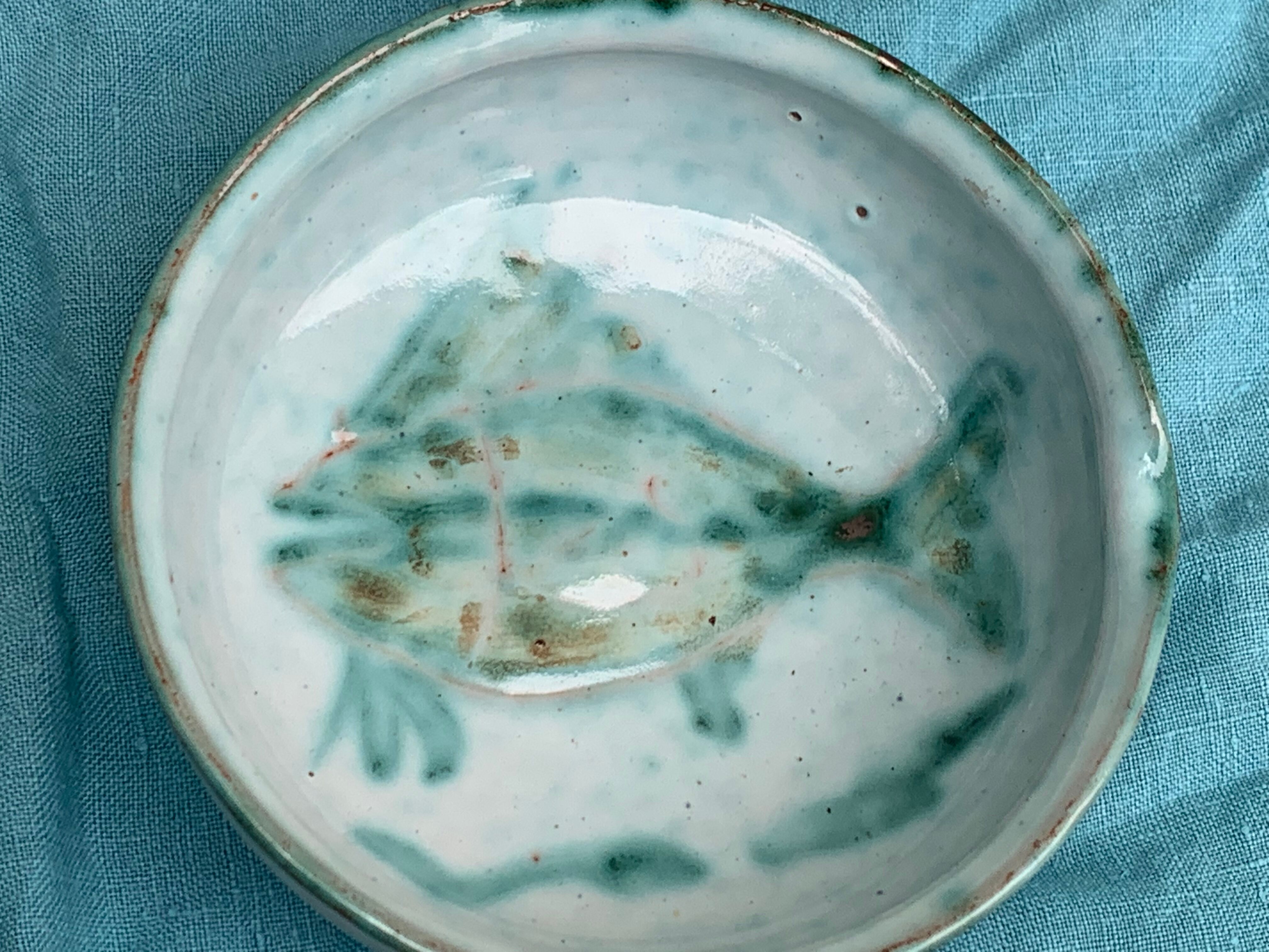 Caquelon, pan sign Humbert pittari vallauris model with blue glazed ceramic fish