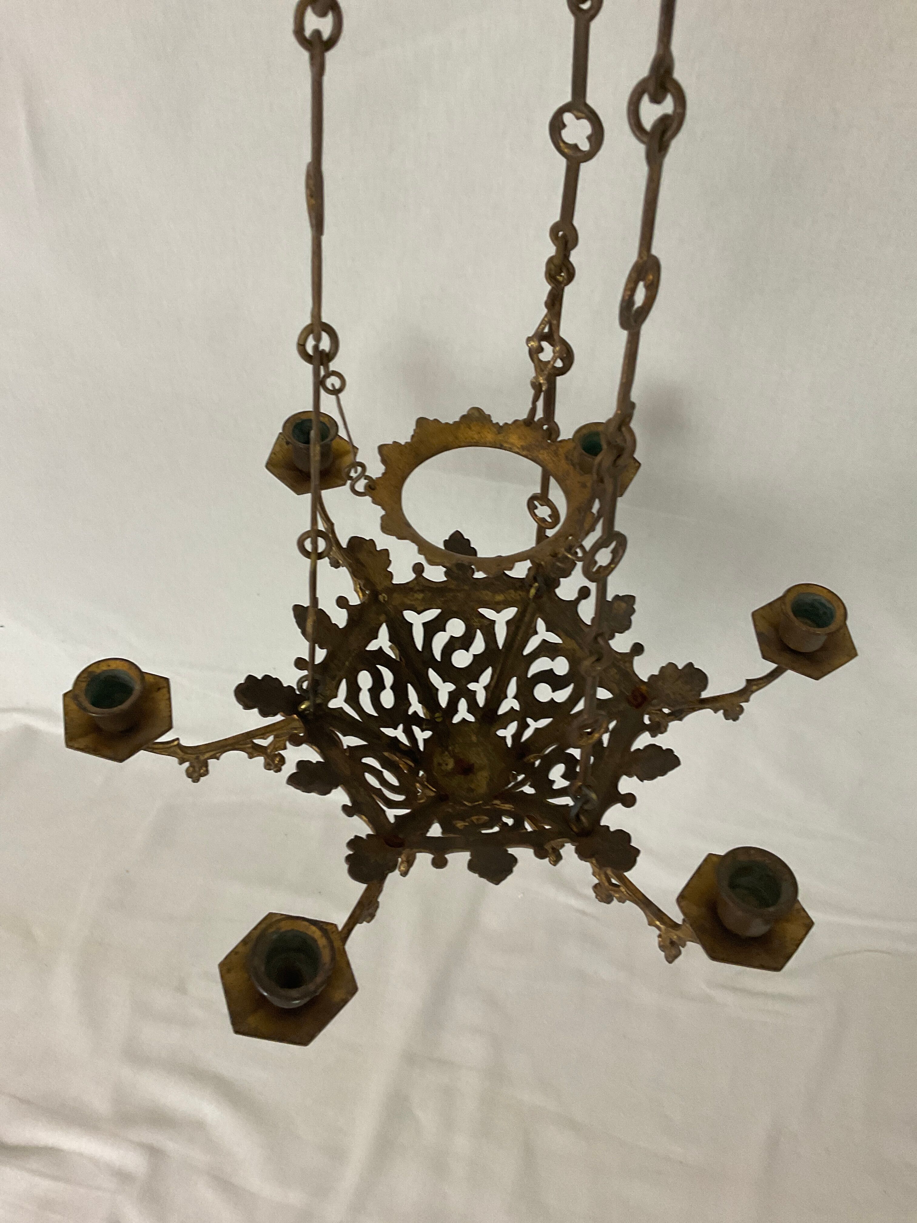 Neo Gothic church chandelier in gilded bronze with 6 burners 19 th