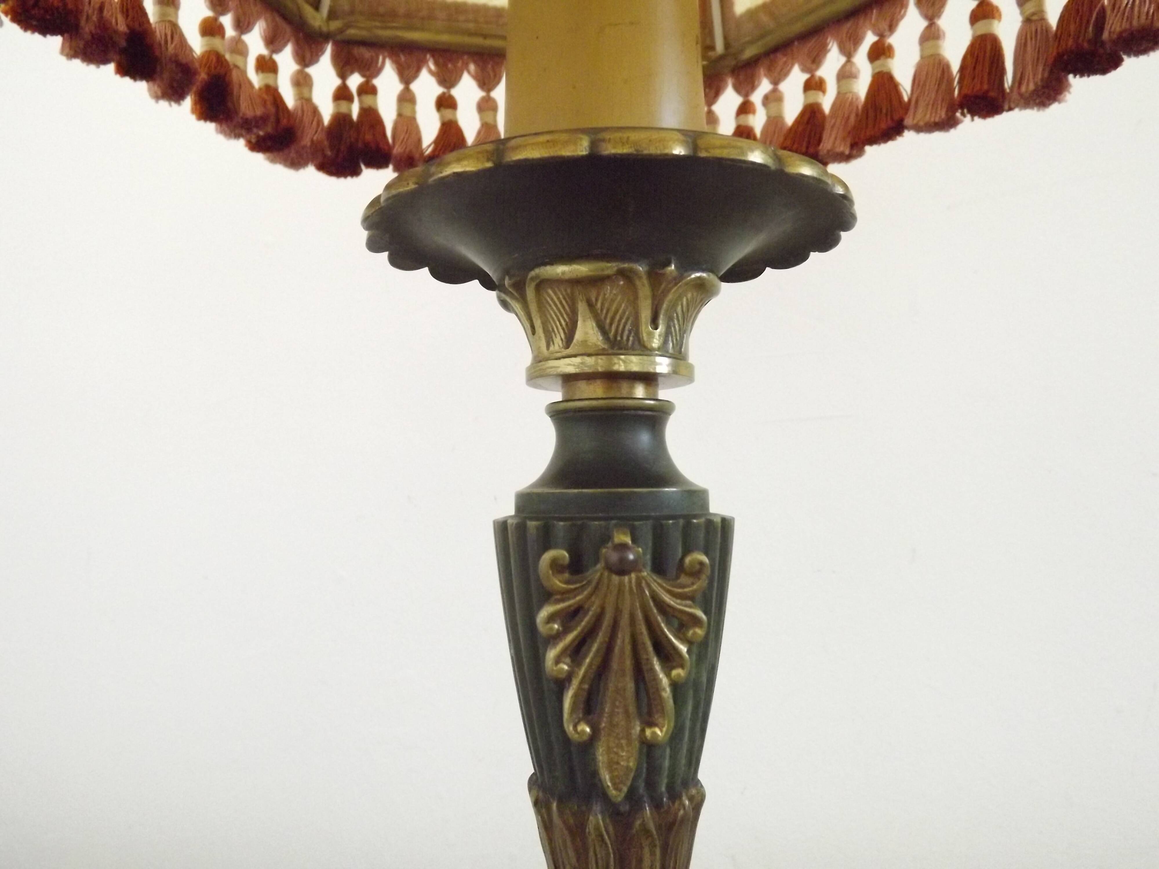 French Empire Style Green & Gold Brass Candlestick Table Lamp & Hide Shade