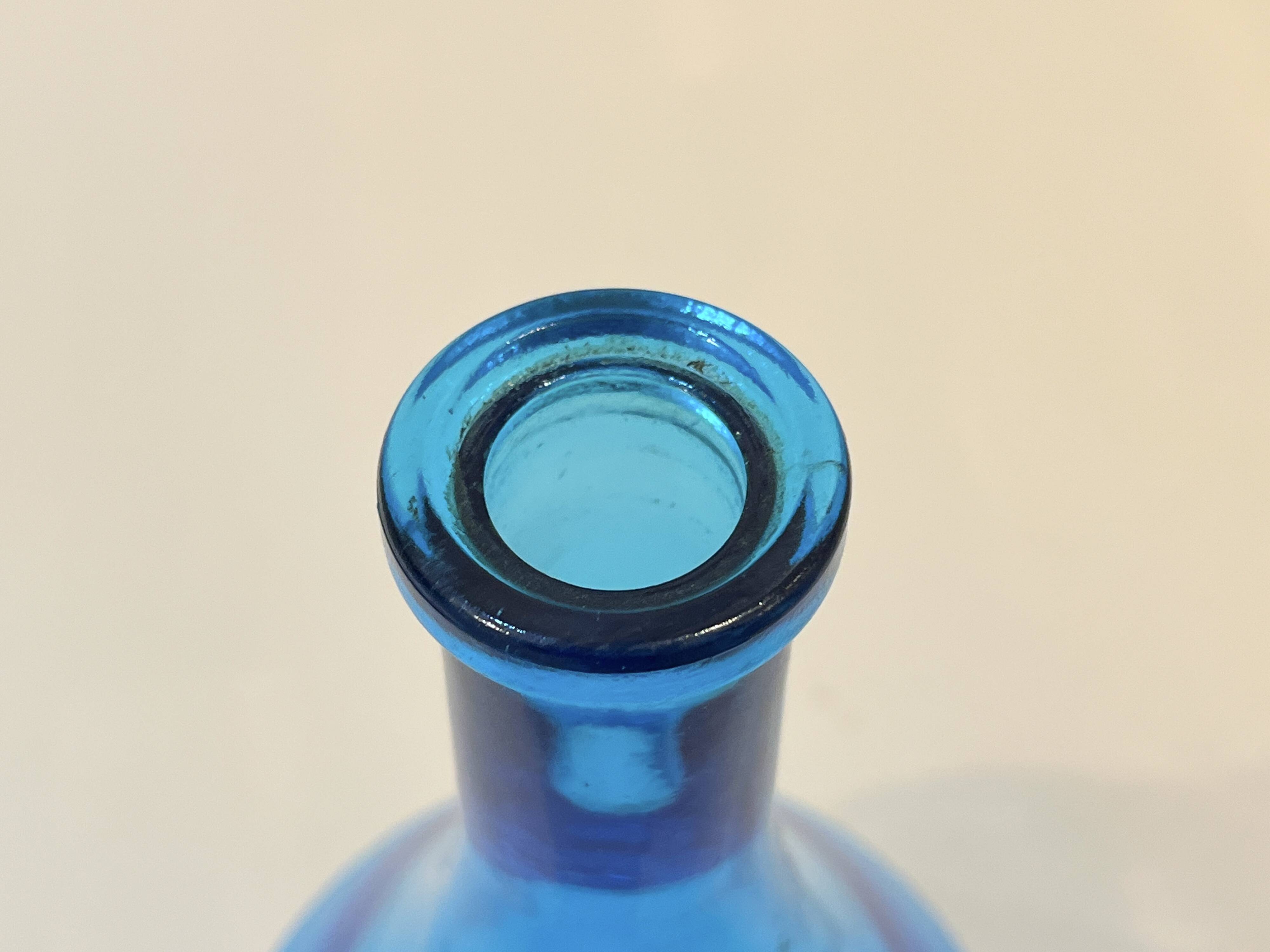 Vintage blue glass bottle Carafe with stopper Made in Belgium