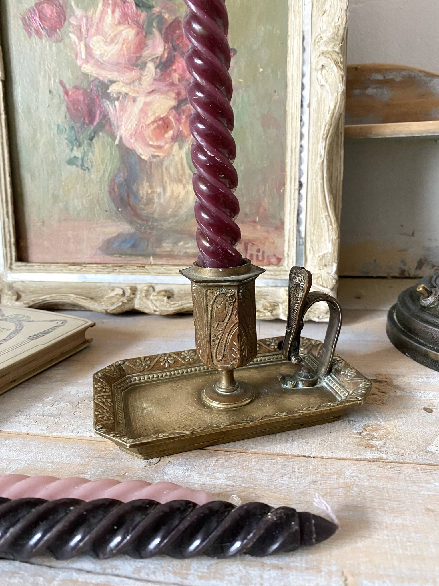 Antique brass thumb candle holder