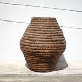 Old basket, burgundy straw and bramble, woven basket, interior decoration