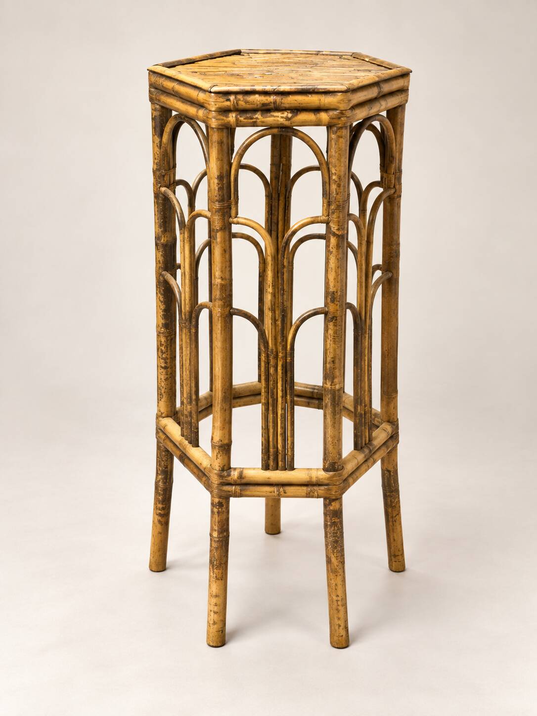 Antique bamboo and rattan stool – hexagonal shape