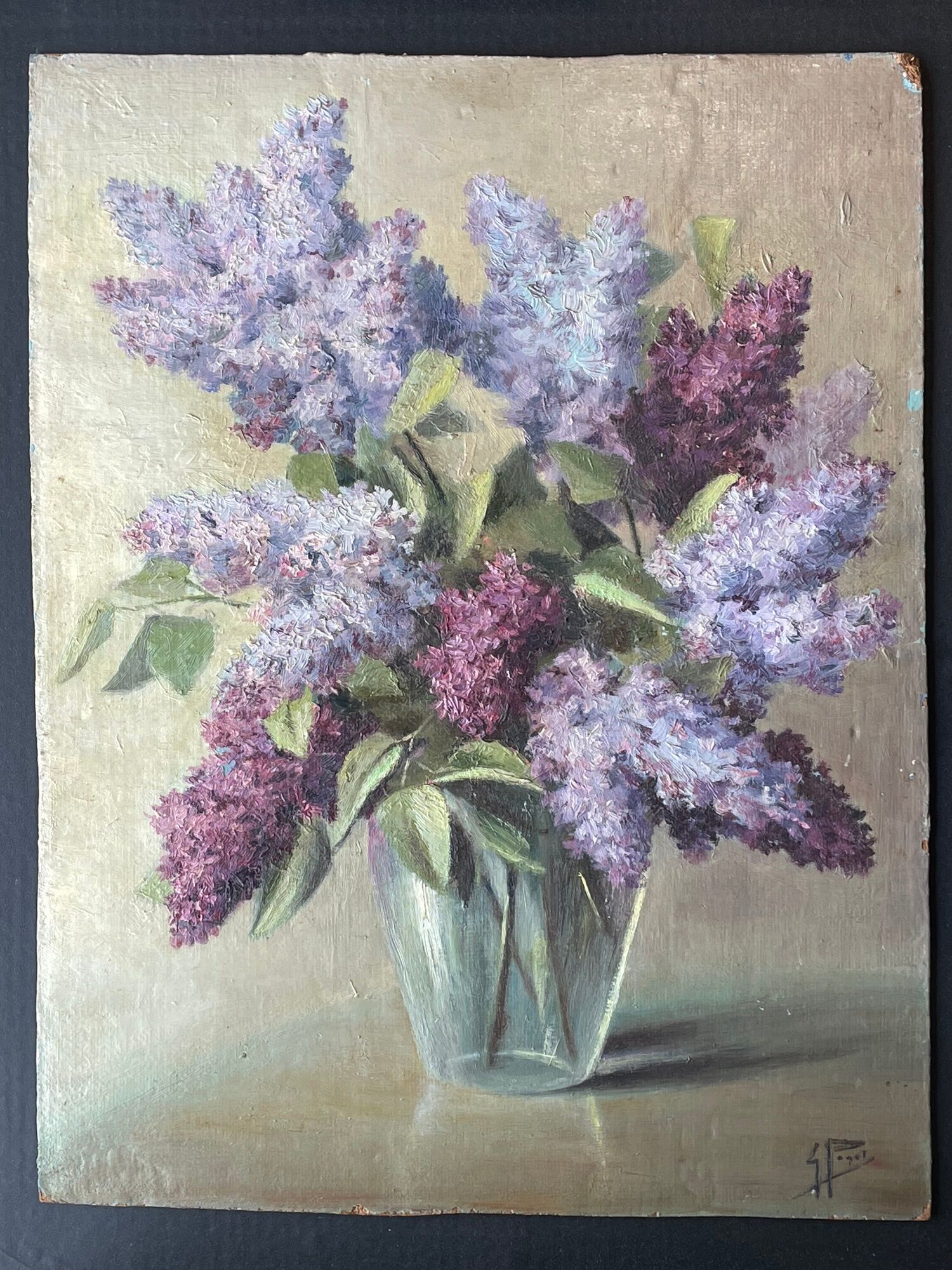 Painting without frame oil on panel signed paget, bouquet of lilacs
