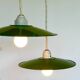 Triple industrial style pendant light with enamelled sheet metal and porcelain sockets