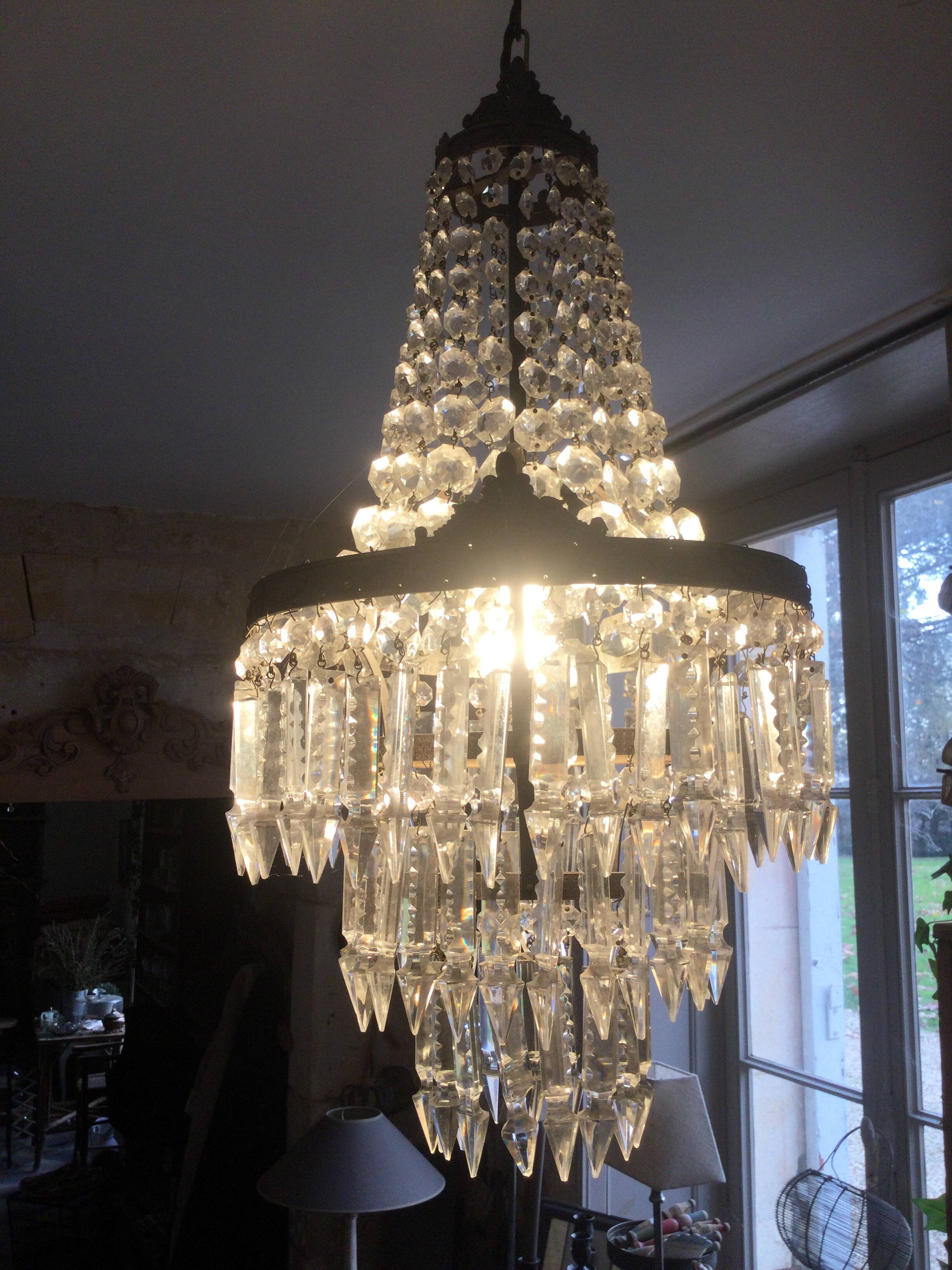 Lustre montgolfière ancien à pampilles