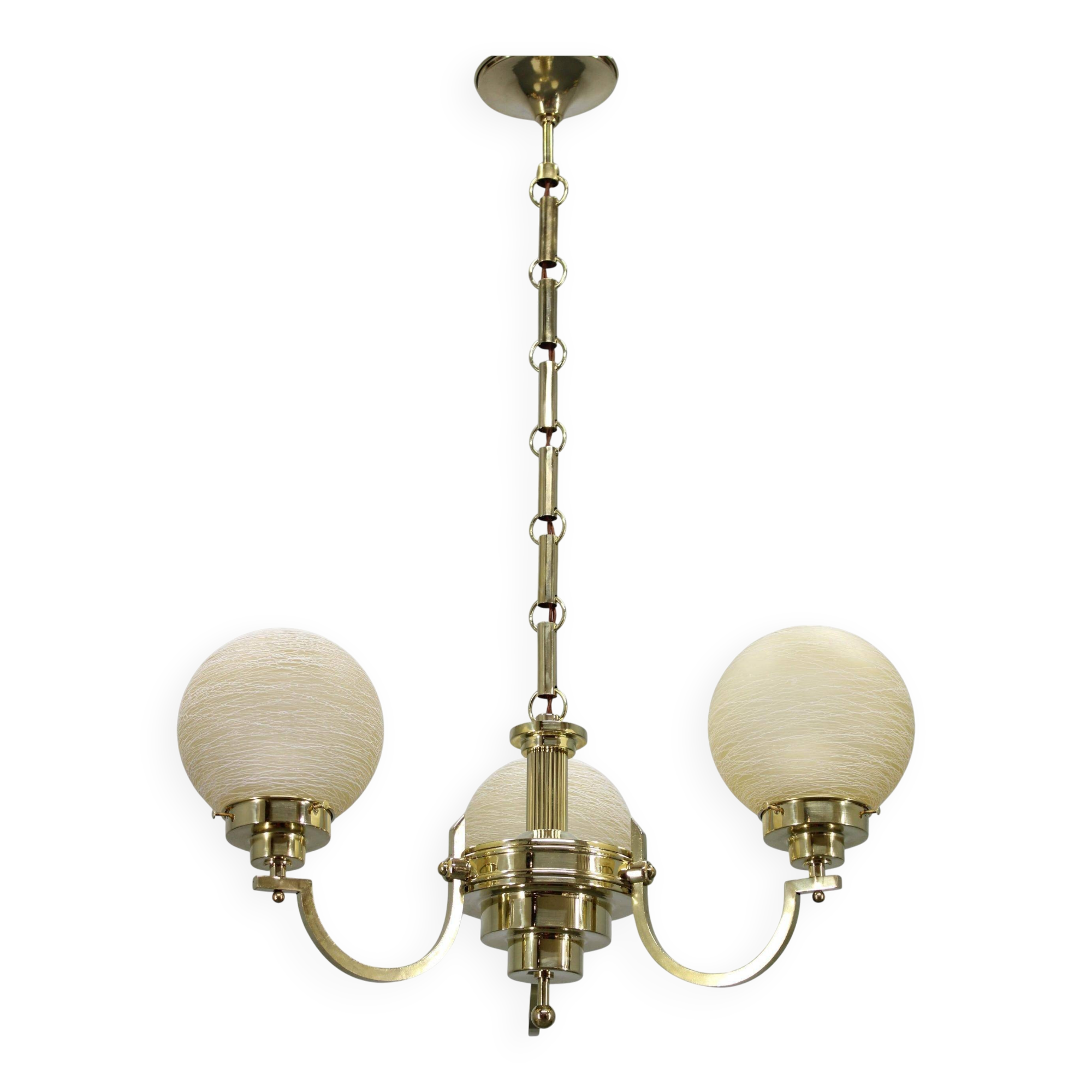 1930s Art Deco brass chandelier with textured glass globes, Czechoslovakia