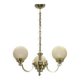 1930s Art Deco brass chandelier with textured glass globes, Czechoslovakia