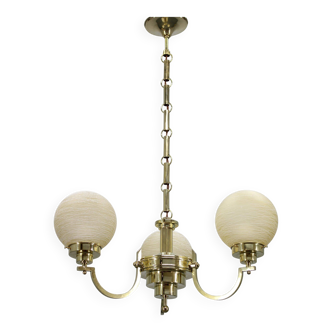 1930s Art Deco brass chandelier with textured glass globes, Czechoslovakia