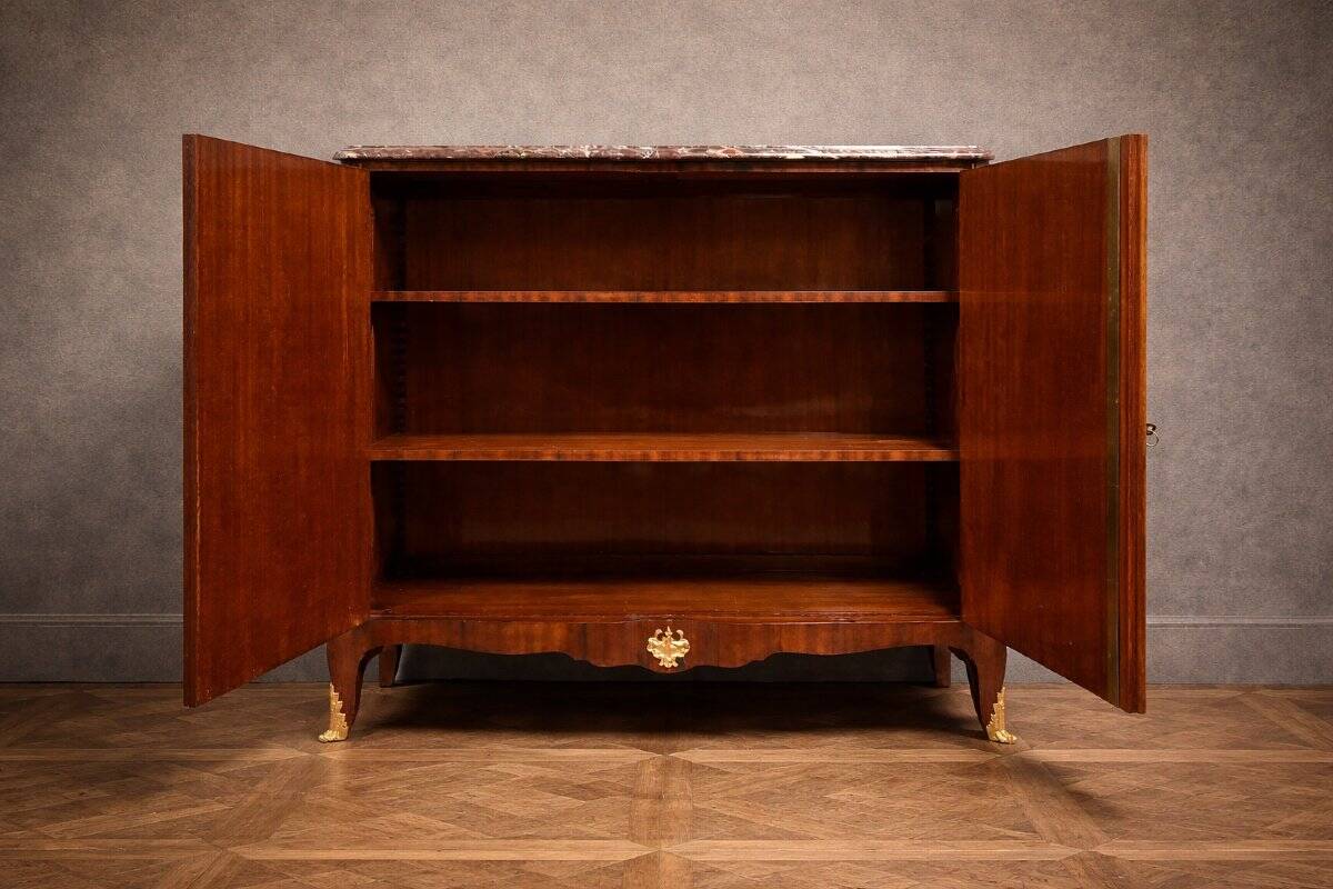 Wooden cabinet with doors, richly inlaid with floral patterns, Louis XV style.