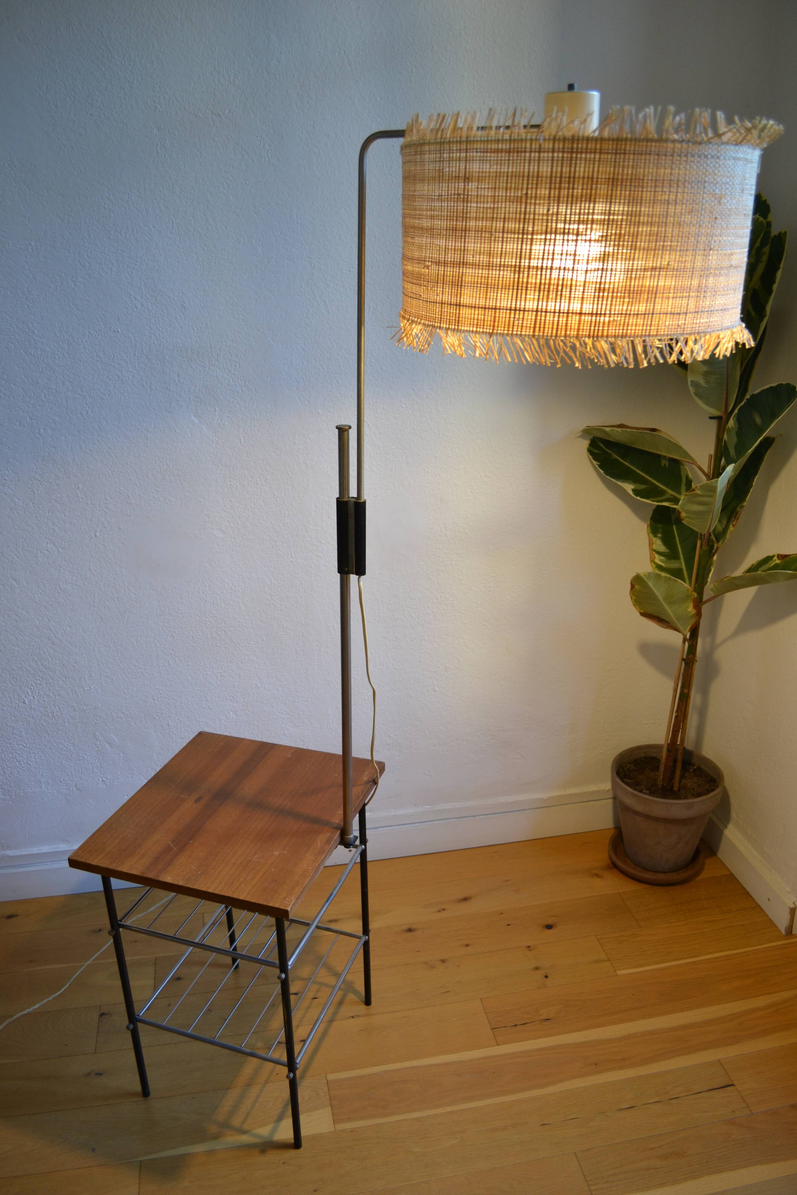 Vintage modernist reading floor lamp with table Poland 1960