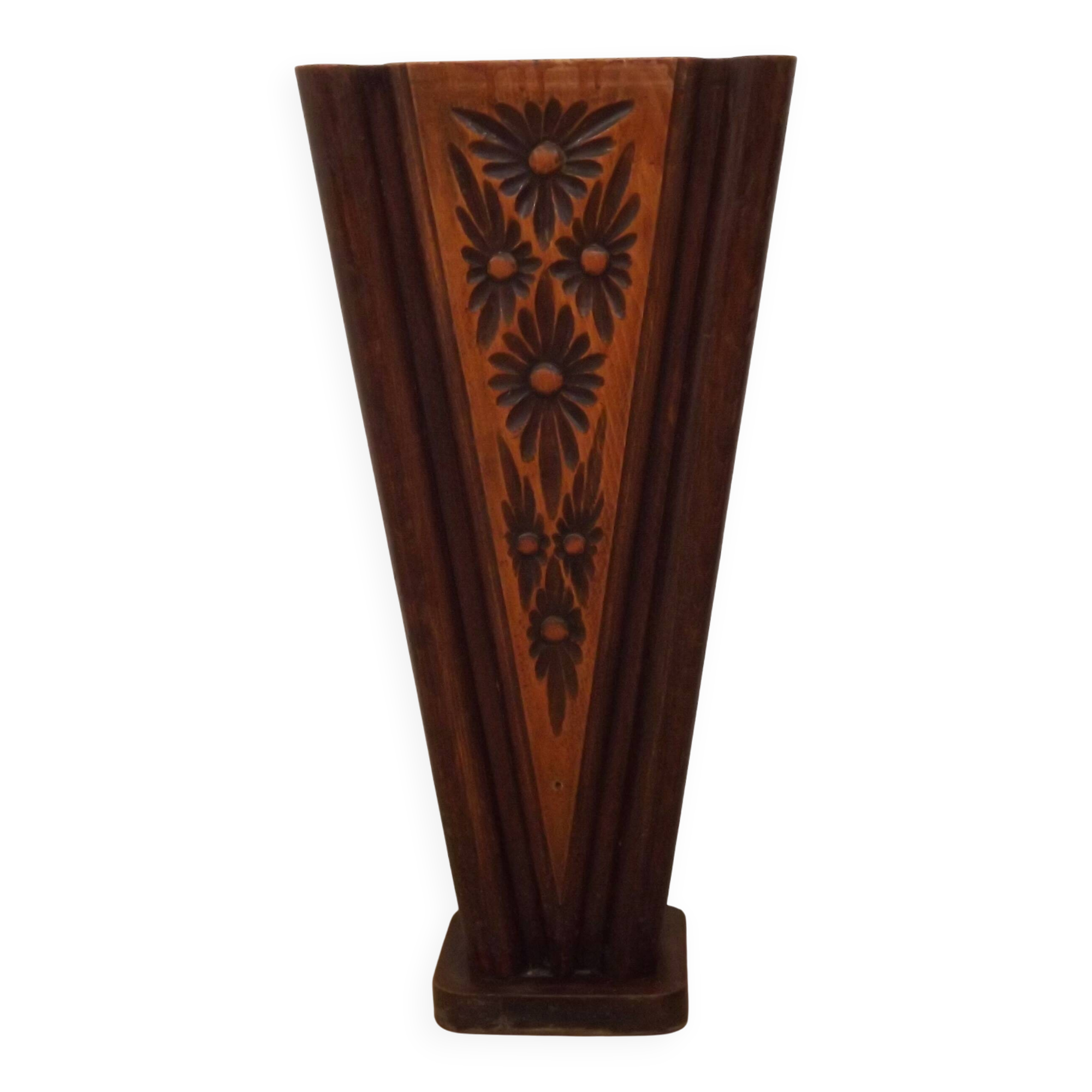 French antique oak tin-lined hand-carved umbrella stand with flower decoration.
