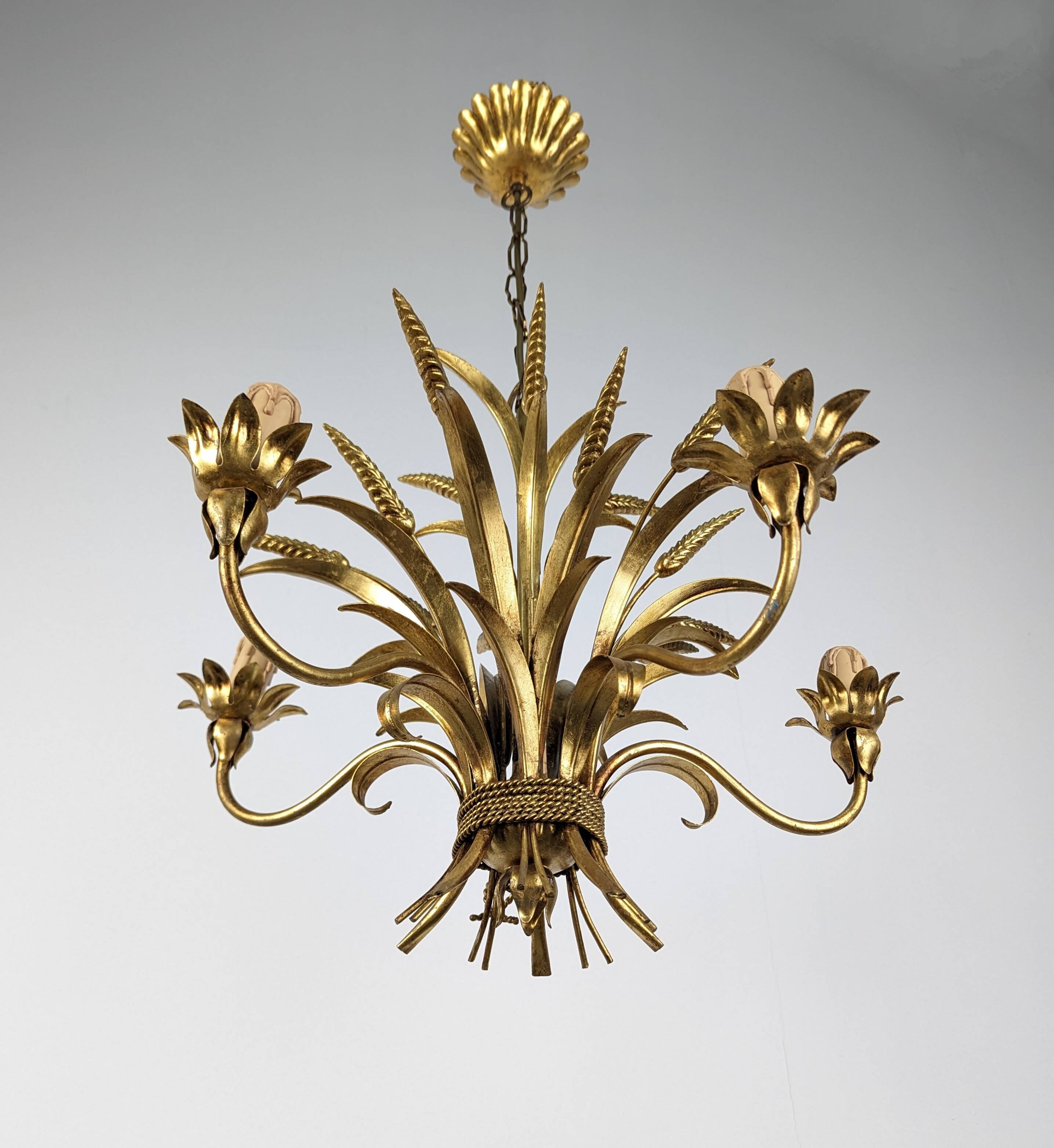 Italian Chandelier Pendant Lamp, Gilt Metal, 1970s
