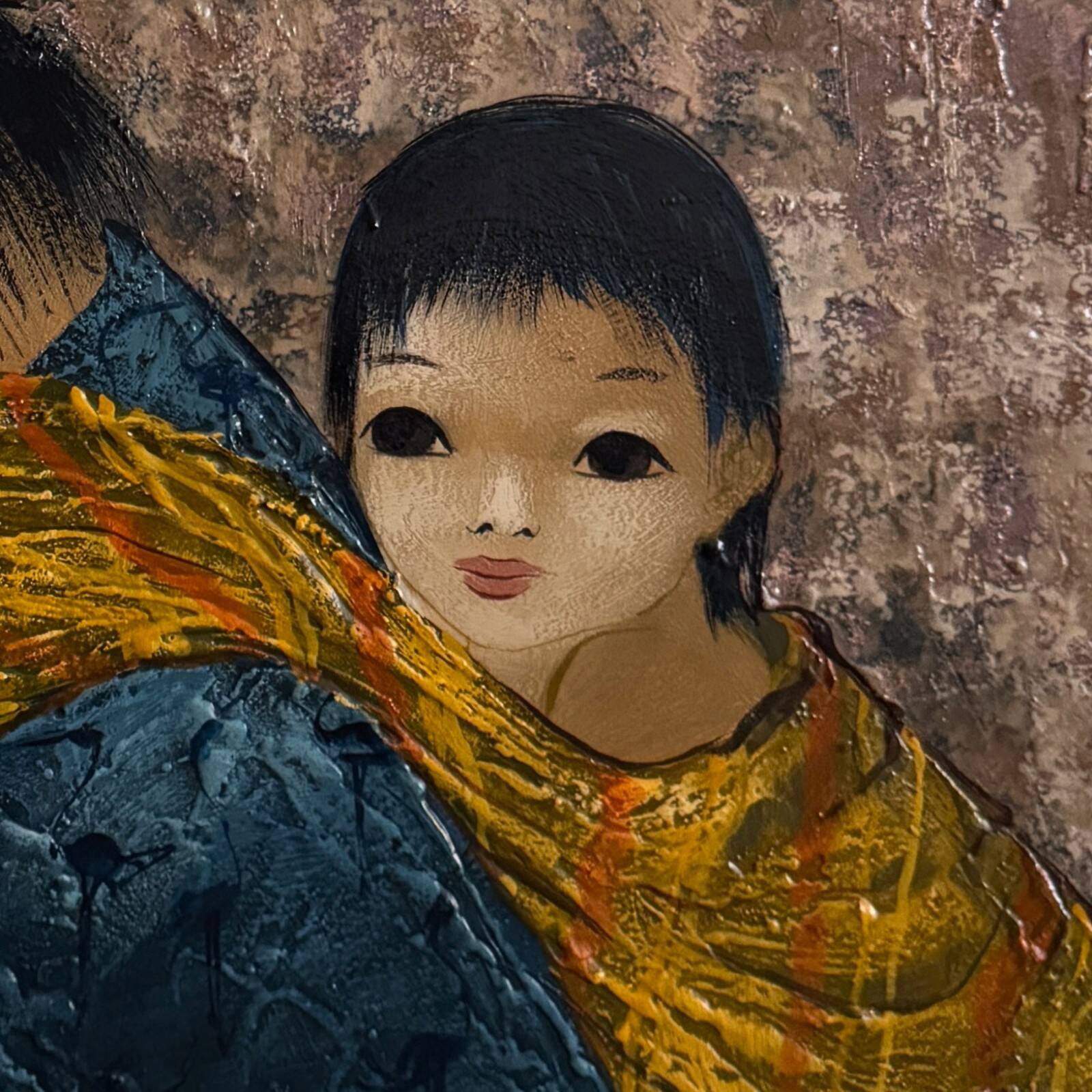 Acrylic on cardboard by Tran Long a mother carrying her child