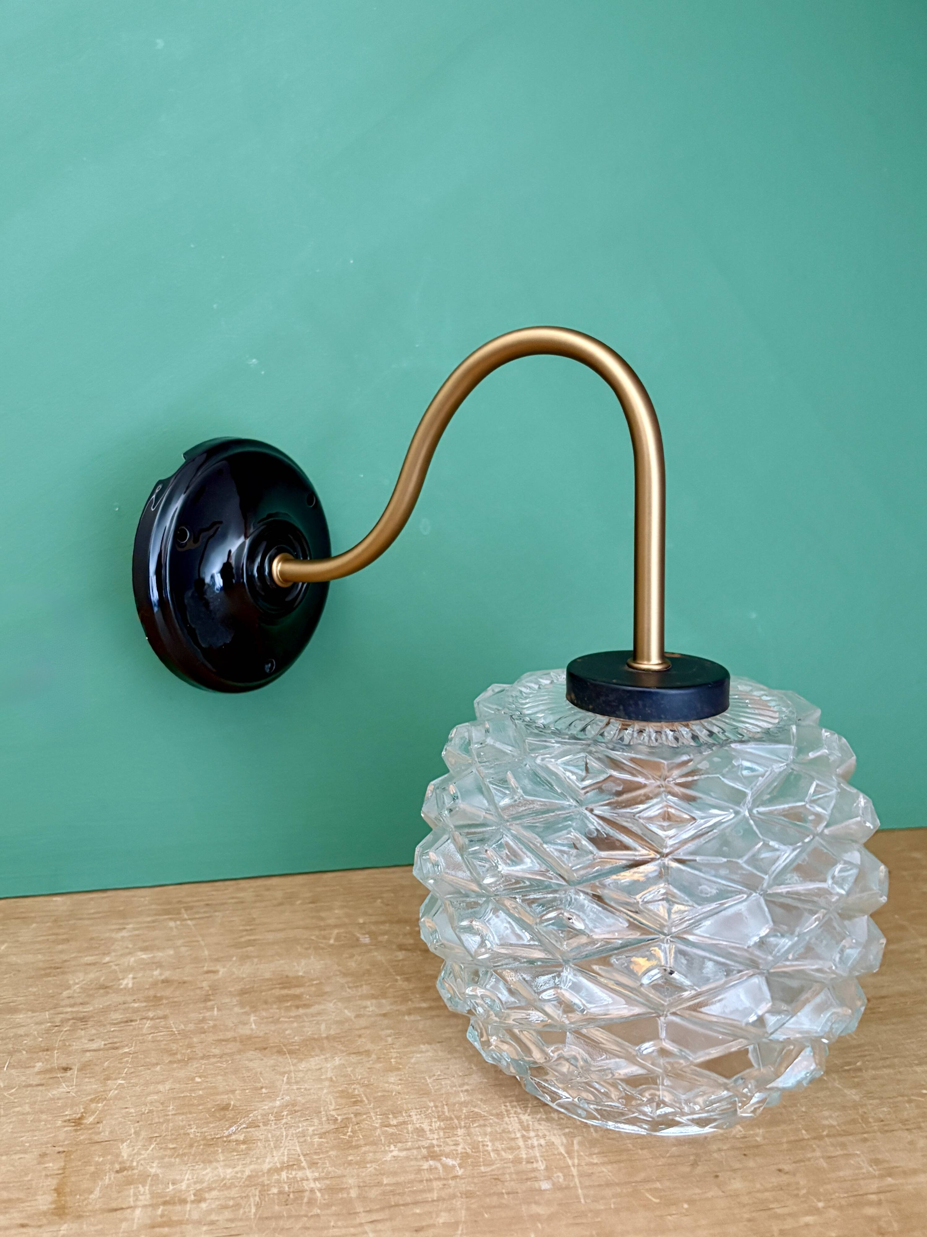 Swan neck vintage globe wall light in moulded glass