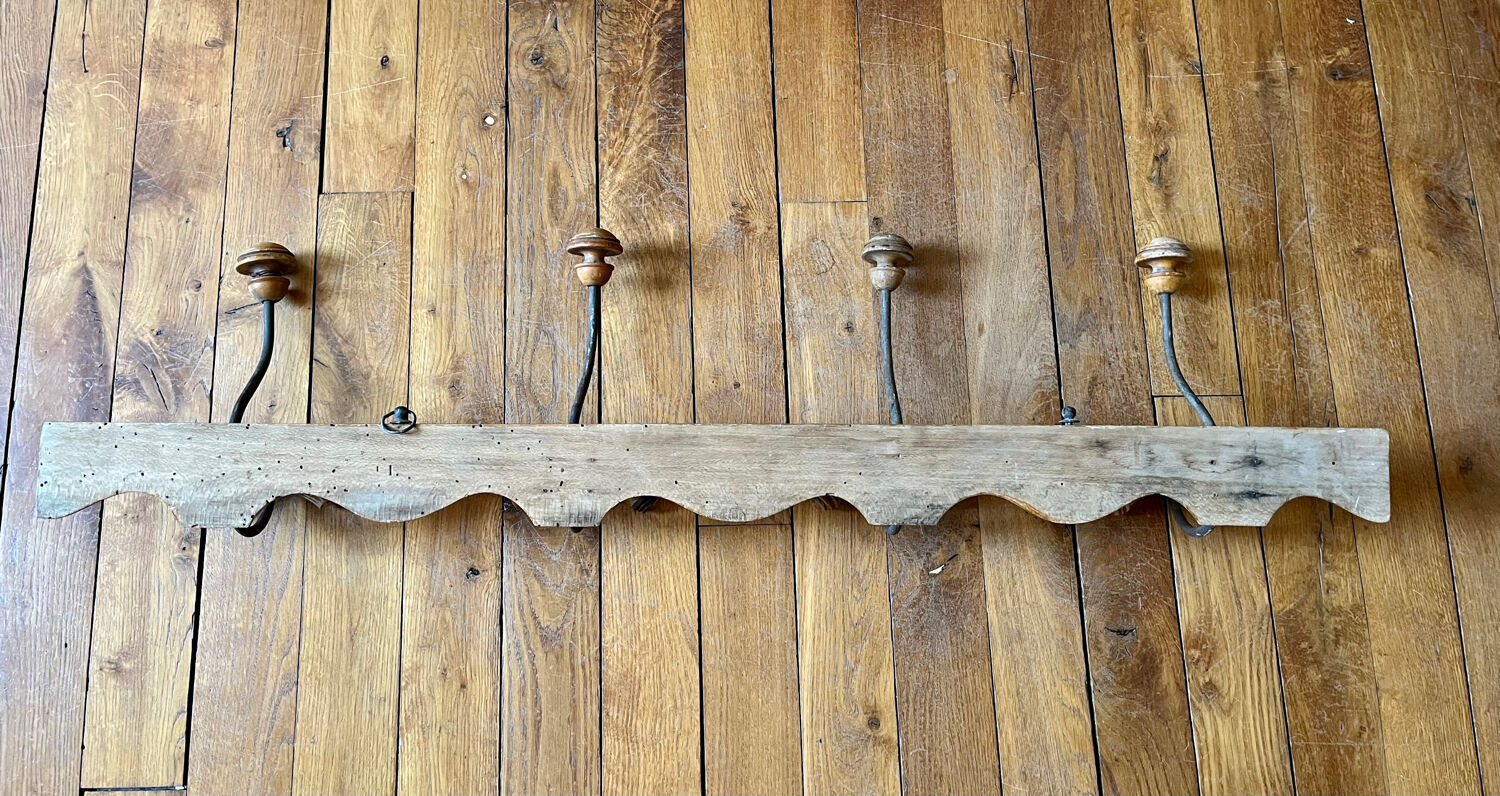 Wall coat rack in wood and old metal