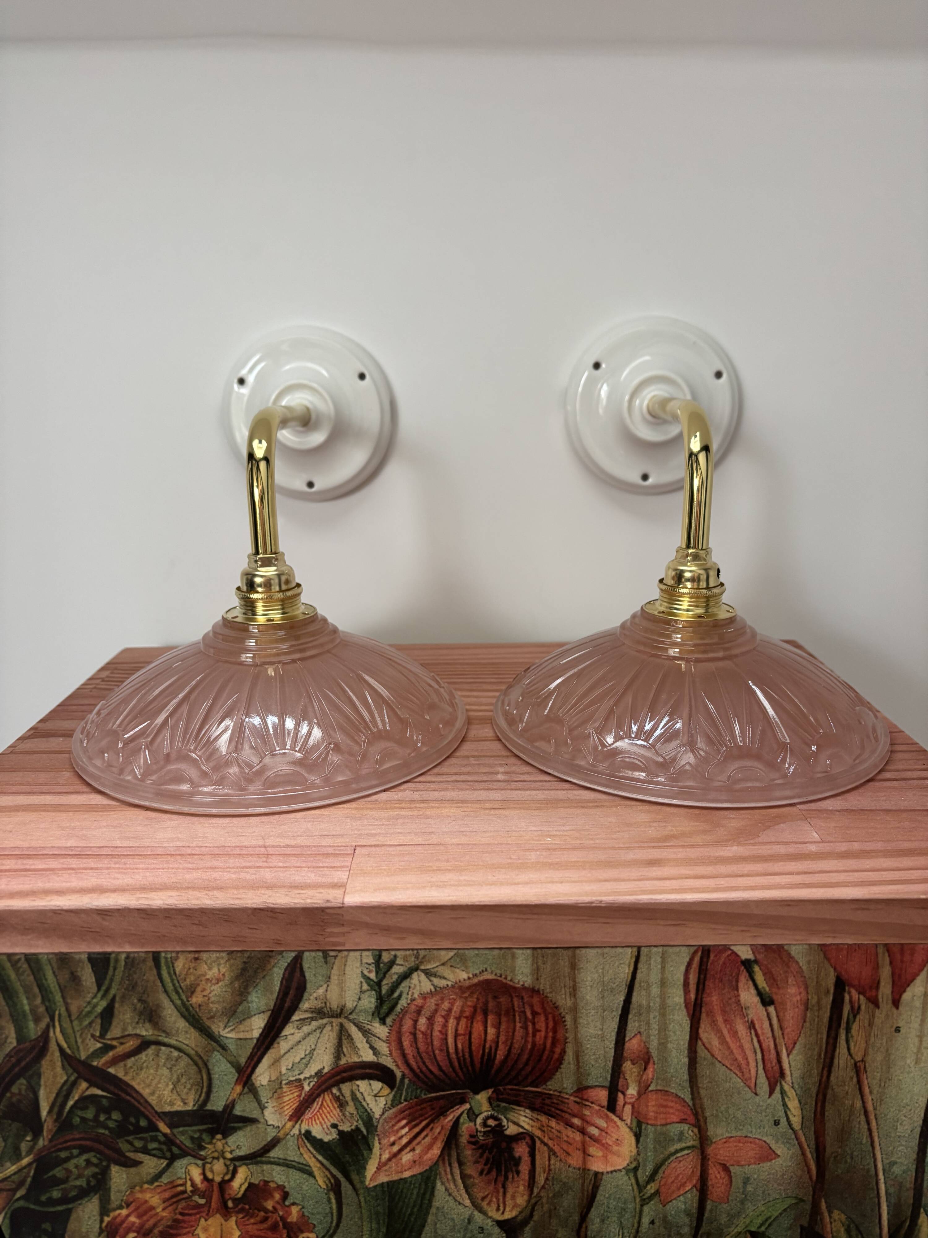 Vintage pink Art Deco glass wall lights