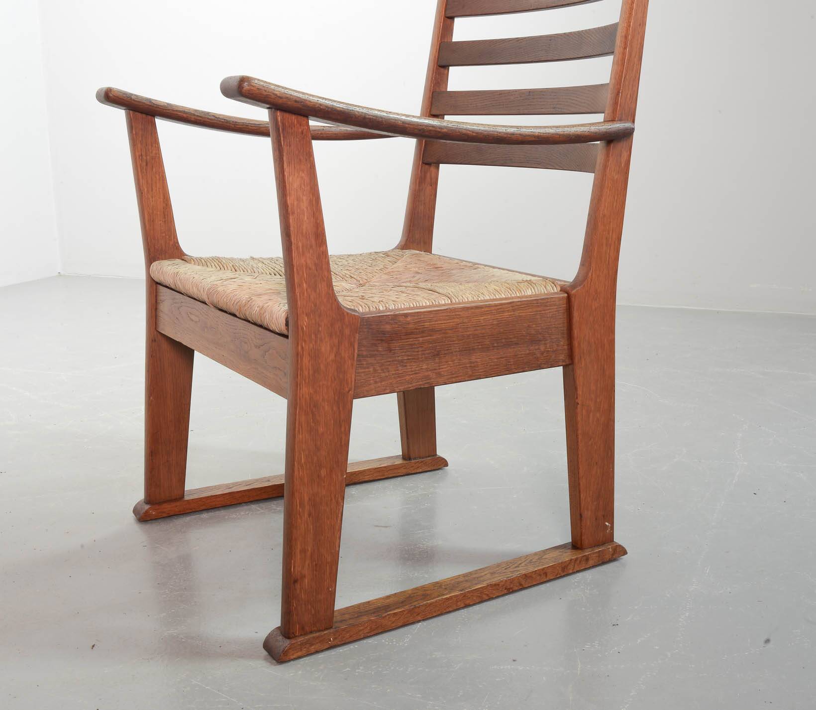 Rare Bas van Pelt Brutalist Oak Armchair with Woven Rush Seat for My Home