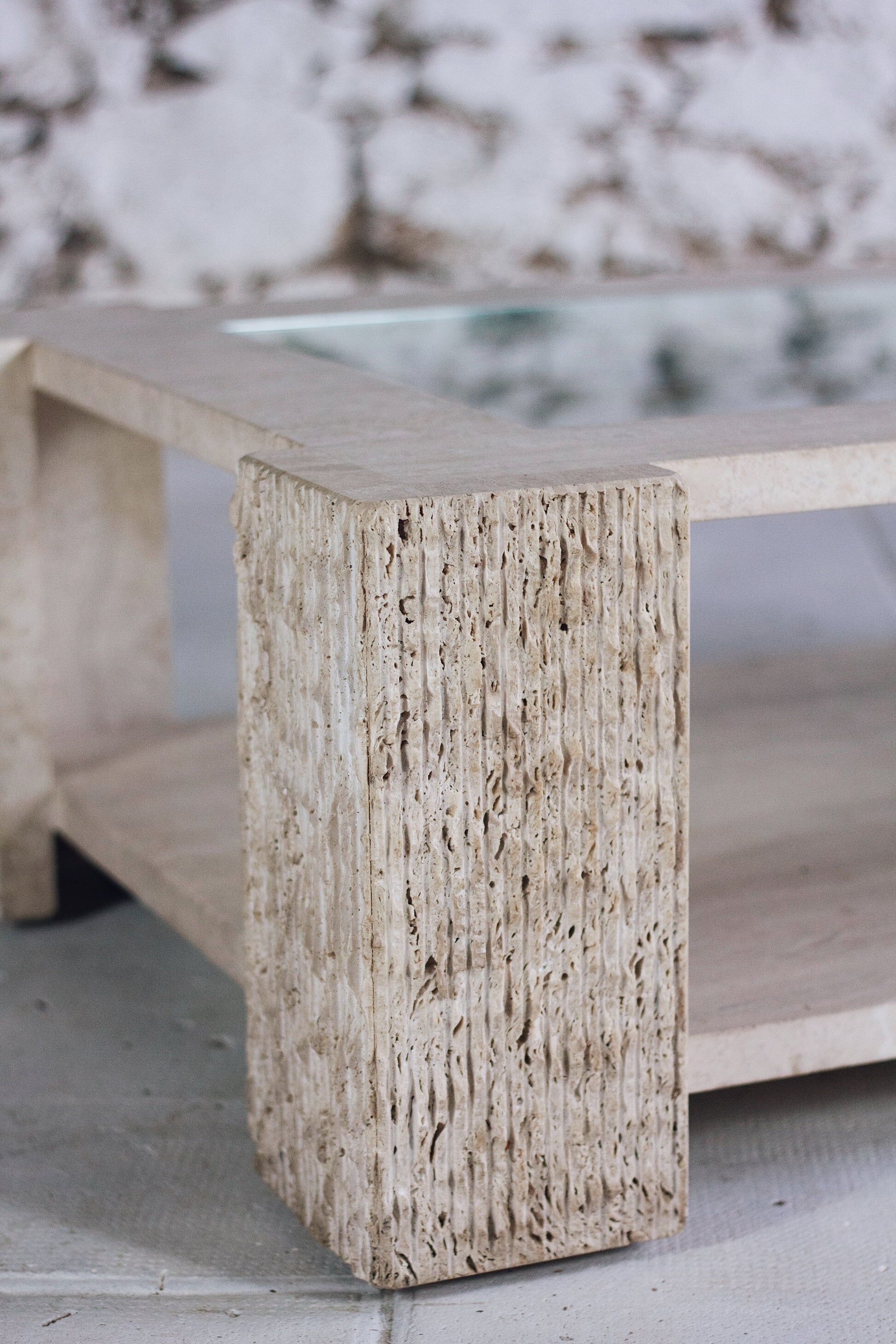 Coffee table in travertine and glass by Claude Berraldacci