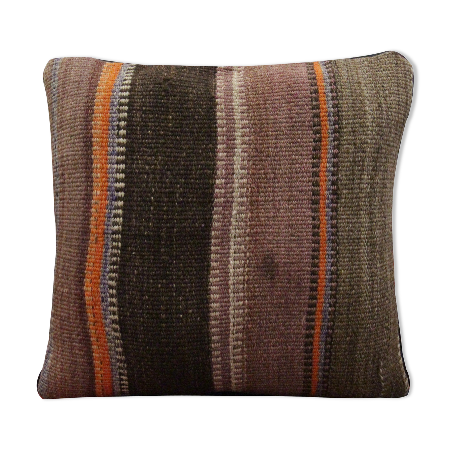 Striped Wool Kilim Cushion Cover Brown Purple Pillow Case- 39x39cm