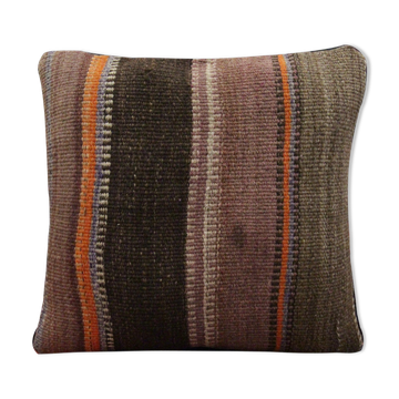 Striped Wool Kilim Cushion Cover Brown Purple Pillow Case- 39x39cm
