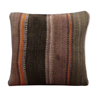 Striped Wool Kilim Cushion Cover Brown Purple Pillow Case- 39x39cm