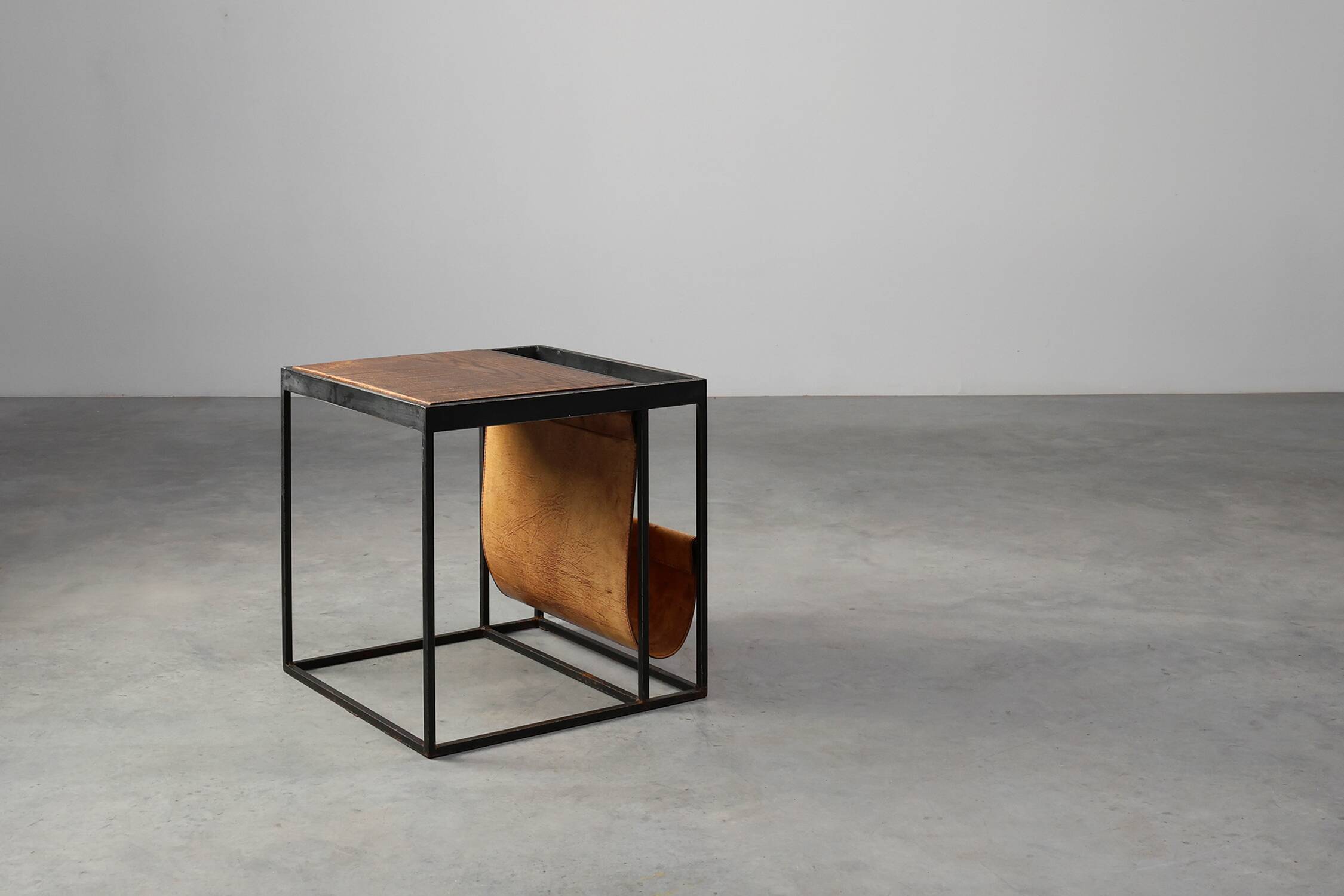 Mid-Century Magazine Holder in Metal, Wood and Leather, Belgium 1960s