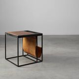 Mid-Century Magazine Holder in Metal, Wood and Leather, Belgium 1960s