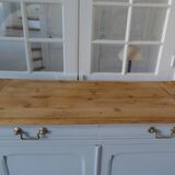Vintage sideboard enhanced in cloud gray, pitch pine top.