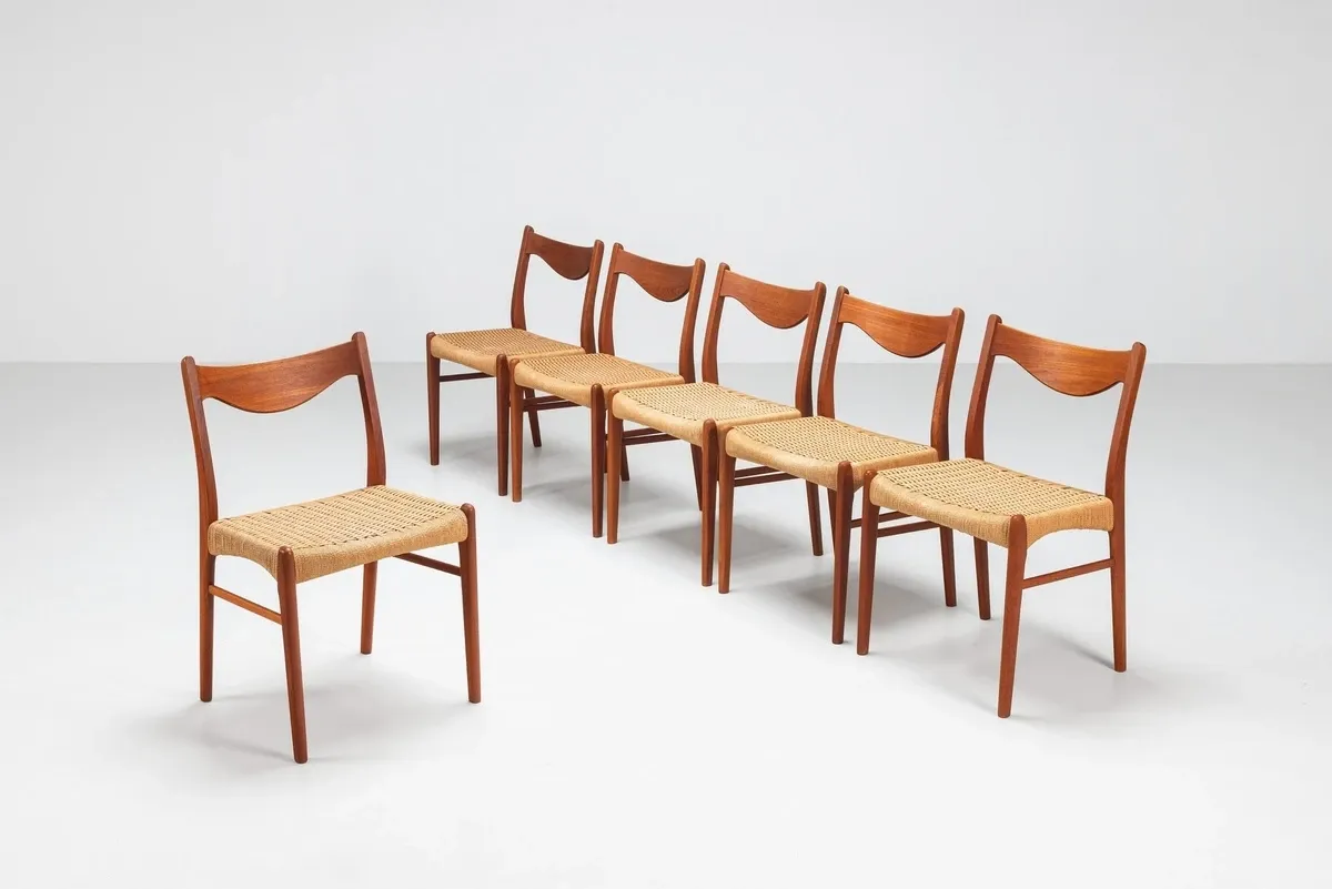 Arne Wahl Iversen set of six teak dining chairs Glyngore Denmark 1960