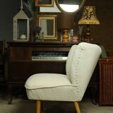 Fauteuil club vintage expo '58 tapisserie boucle blanche entièrement rénovée salon style art déco
