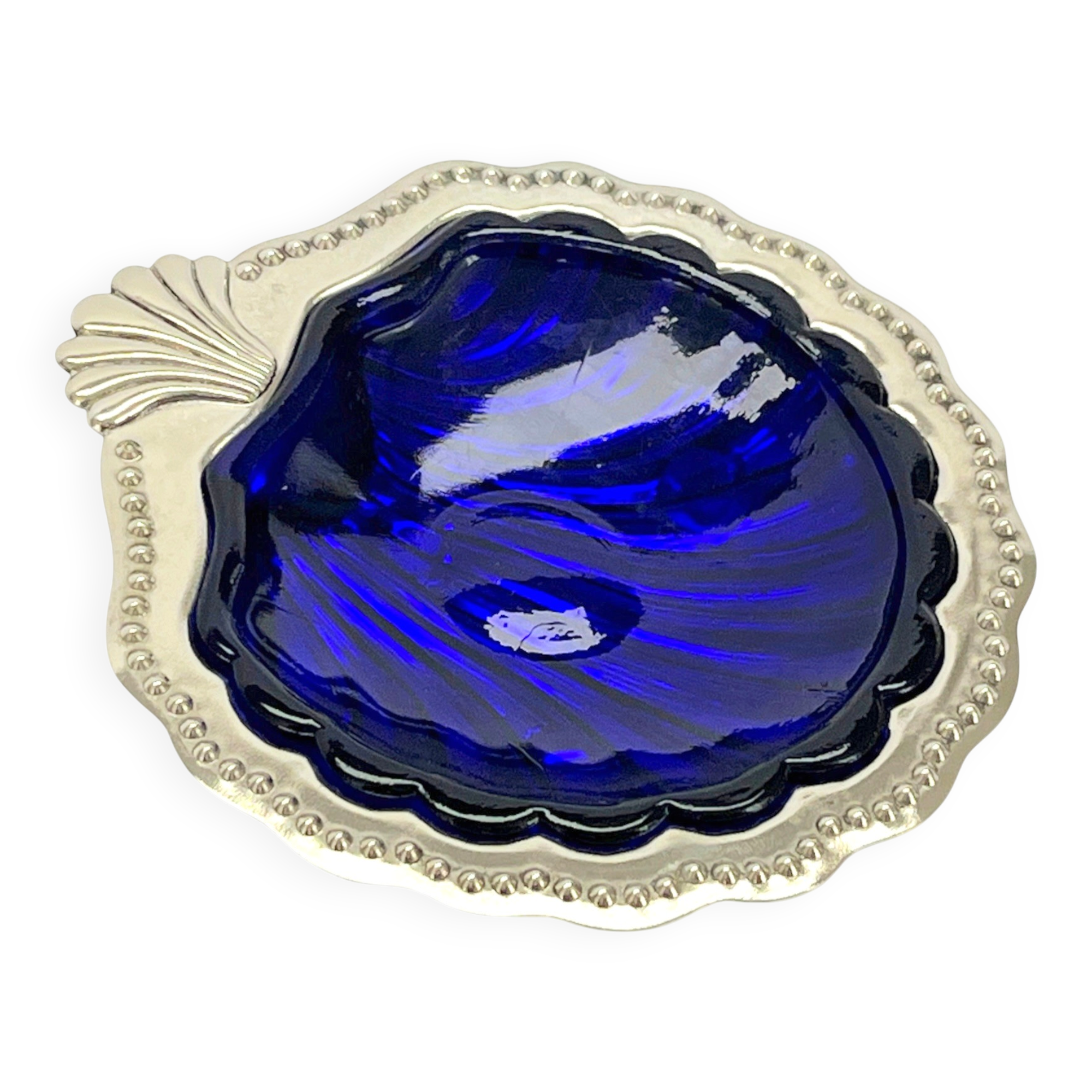 Silver-plated shell butter dish and vintage blue bowl from the 70s.