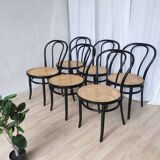 Set of 6 Vintage Thonet Style Dining Chairs: Black Bentwood Cane Seat