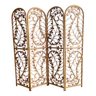 Art Deco Era Four Panel Rattan Peacock Screen Room Divider, 1940s