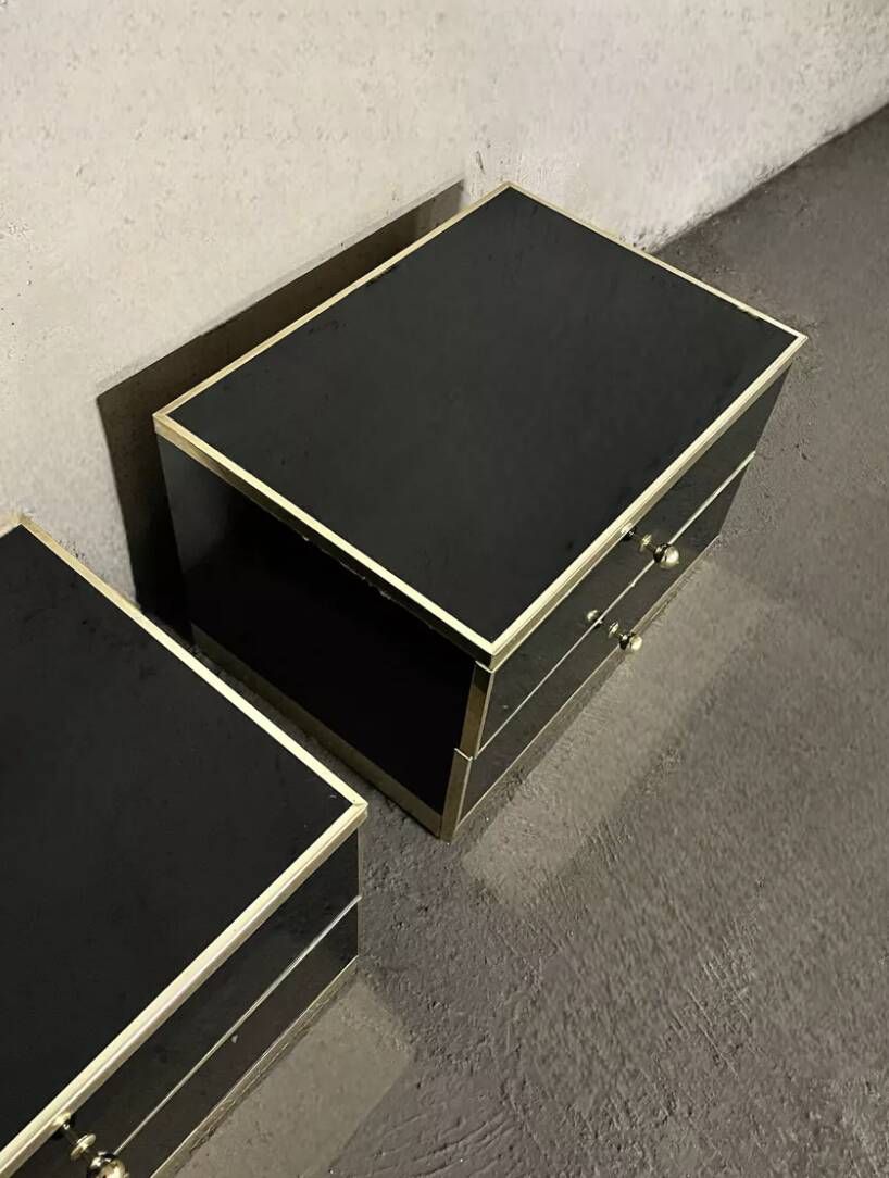 Pair of black lacquered and brass bedside tables, Roche Bobois 1970