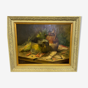 Painting Still Life with Shrimp Fish - Le Roux