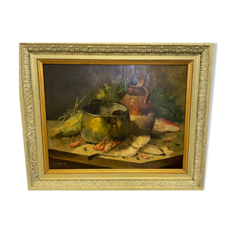 Painting Still Life with Shrimp Fish - Le Roux
