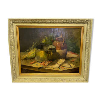 Tableau Nature Morte au poisson crevette  Le Roux